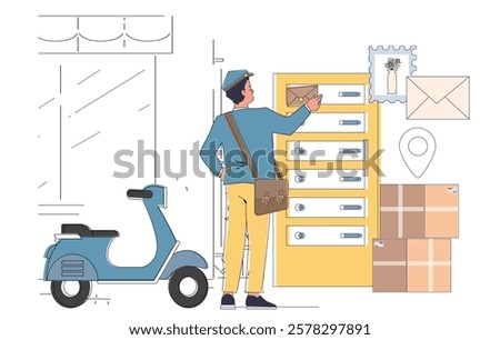 A mailman places an envelope in a mailbox with a scooter nearby, surrounded by parcels and icons like a map pin and stamp, on a white background. Vector illustration
