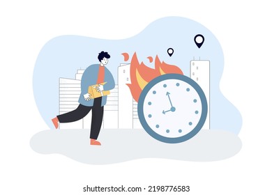 Mailman running past clock in fire, delivering box. Fast delivery of mail message or order by tiny person flat vector illustration. Service concept for banner, website design or landing web page