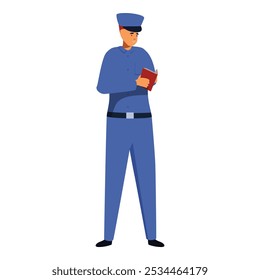 Mailman is standing and reading a letter he is holding in his hands