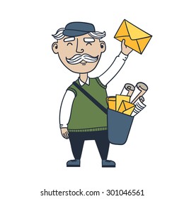 Mailman with yellow envelope.  Hand drawn vector illustration.