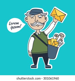 Mailman with yellow envelope.  Hand drawn vector illustration.