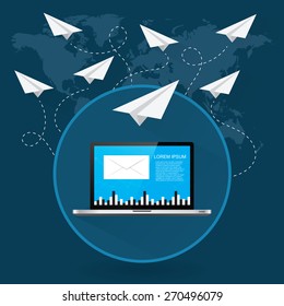 Mails flying around the world as the paper airplanes vector concept