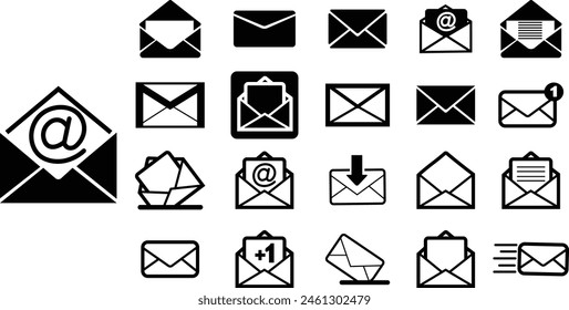 E-Mail-Symbole festgelegt. Vektorgrafiken in schwarzen flachen Designs, angepasste E-Mail-Icons für Websites und mobile App. Umschlag öffnen, Nachrichtenpiktogramm. E-Mail, Post, Brief, Umschläge isoliert auf transparentem Hintergrund.