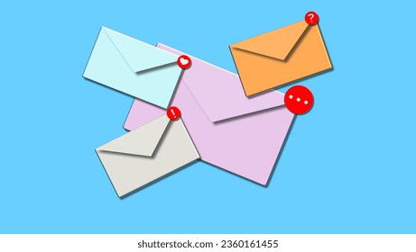 Mails on a blue background with notification icon showing email type