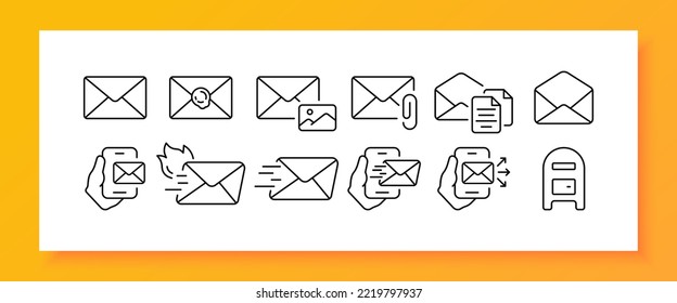 Mails set icon. Letter, envelope, message, email, inbox, mailbox, paper clip, fire, phone, listing, stamp, attach, attachment. Communication concept. Vector line icon for Business and Advertising.