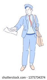 Mailwoman in uniform with parcel and document on notepad delivery service vector isolated female character cardboard box mail or post transportation postage order express service courier profession.