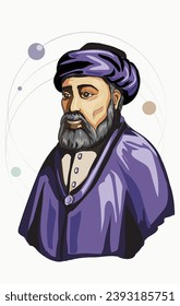 Maimonides, el rabino judío Rambam, filósofo, médico y hombre espiritual, autor de muchos libros. Dibujo de vectores. Un retrato de color se coloca sobre un fondo blanco. Icono, sabio. Aislado.