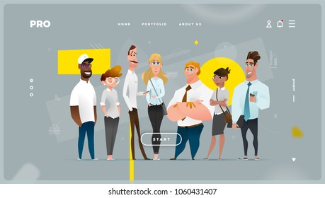 Main Abstract Web Page with Cartoon Business Characters. 