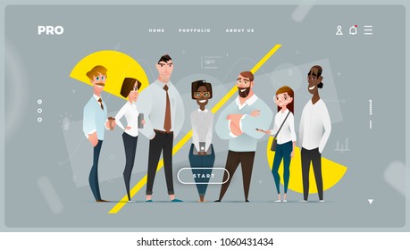 Main Abstract Web Page with Cartoon Business Characters. 