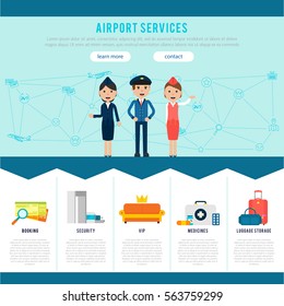 Main airport page template for website with services and advantages of airline company vector illustration