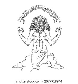 The main ancient Greek god is Zeus. The Lord of thunder and lightning. Vector illustration with contour lines in black ink isolated on a white background in cartoon and hand-drawn style.
