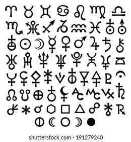 Símbolos Astrológicos Principales (Signos de Zodiaco, Planetas, Asteroides, Aspectos, Fases Lunares, etc.) — Los iconos del pictograma conjunto grande