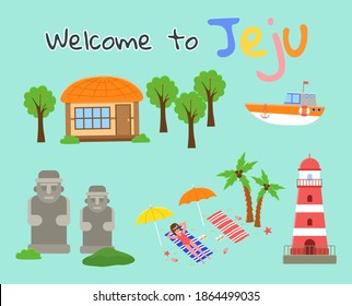 Main attractions of the south korean resort. Postcard for advertising tourist island Jeju. Mountaine hallasan with, red lighthouse, stone figures, tropical plants in garden. Girl sunbathes on beach