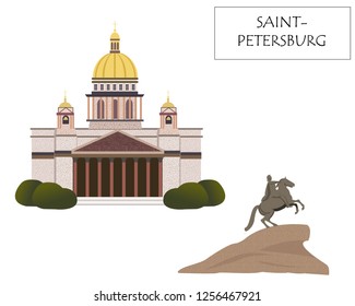 The main attractions of St. Petersburg: the monument of the horseman and the Christian cathedral. Modern flat illustration