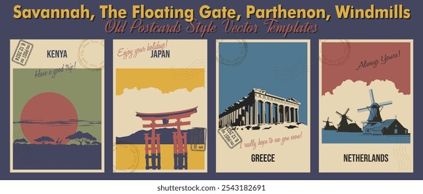 Principales atracciones del conjunto de estilo postal retro mundial. Kenyan Savannah, La Puerta Flotante Japonesa, El Partenón Griego, Molinos De Viento Holandeses. Vector Plantillas Tarjeta de felicitación