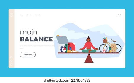 Main Balance Landing Page Template. Woman Sitting on Scales in Meditation Pose, Weighing Her Options Between Career And Family. Balance of Work And Personal Life. Cartoon People Vector Illustration