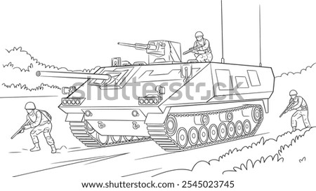 Main battle tank Coloring Page. Armored fighting vehicle. Special military transport. detailed vector illustration isolated on white background.