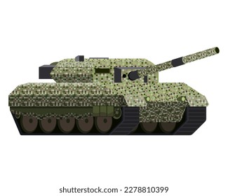 Hauptkampftank im flachen Stil. Militärfahrzeug. Pixel-Tarnung. Farbige Vektorgrafik einzeln auf weißem Hintergrund.