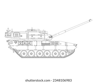Hauptkampftank in Line Art. gepanzertes Kampffahrzeug. Militärische Spezialtransporte. Detaillierte Vektorgrafik einzeln auf weißem Hintergrund.