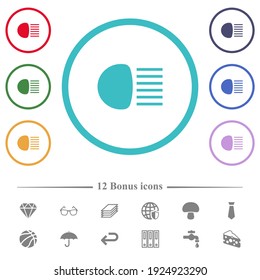 Main beam headlights indicator flat color icons in circle shape outlines. 12 bonus icons included.