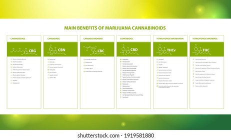 Main benefits of marijuana cannabinoids, information poster with benefits of marijuana cannabinoids and table of natural cannabinoids