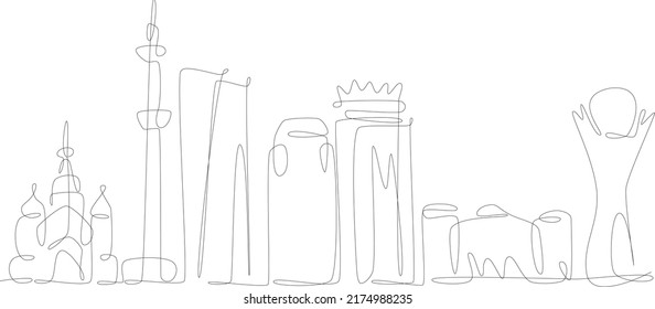 Main buildings of Kazakhstan cities, Almaty and Astana, one line drawing, city silhouette