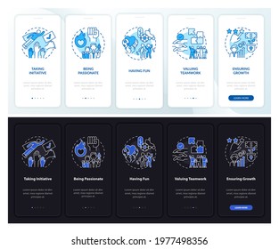 Main business morals onboarding mobile app page screen with concepts. Having fun walkthrough 5 steps graphic instructions. UI, UX, GUI vector template with linear night and day mode illustrations