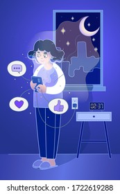 Main cause of insomnia in XXI era. Exhausted girl with bags under eyes surfing web at night, ignoring digital hygiene. Social media addiction, Internet addiction disorder vector illustration