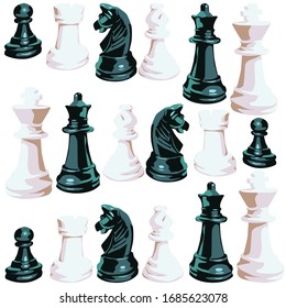 The main chess pieces: pawn, rook, knight, bishop, queen, king. Chess pieces with the words chess on a white background with a frame. For advertising board games. Chess men for a strategic game.