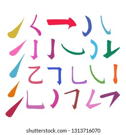 Main Chinese hieroglyphs calligraphy graphic symbol colored element frame set (UPPING LINE and HOOK), vector illustration isolated on white background
