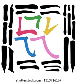 Main Chinese hieroglyphs calligraphy graphic symbol colored element frame set (HORIZONTAL, VERTICAL and FOLD), vector illustration isolated on white background