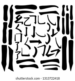 Main Chinese hieroglyphs vector set (HORIZONTAL, VERTICAL, DOT, SINGING CRICKET, CURLED DRAGON, FROLICKING BUTTERFLY and SURROUNDING LINE), illustration isolated on white background