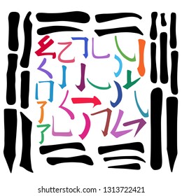 Main Chinese hieroglyphs vector set (HORIZONTAL, VERTICAL, DOT, SINGING CRICKET, CURLED DRAGON, FROLICKING BUTTERFLY and SURROUNDING LINE), illustration isolated on white background