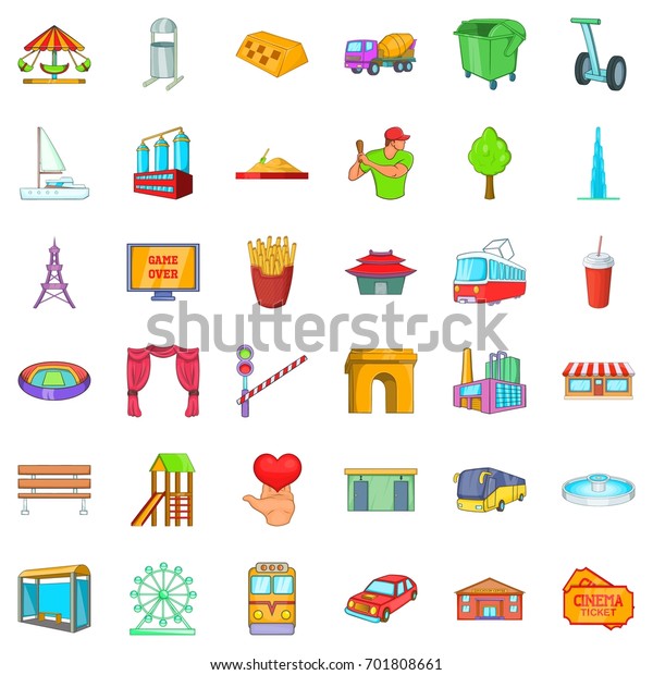 Main city icons set. Cartoon\
style of 36 main city vector icons for web isolated on white\
background