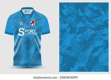 The main color of the football shirt is blue. It is a collared shirt and has a modern design. The pattern is a graphic overlap that makes the shirt look dimensional and interesting.