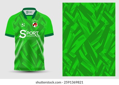 The main color of the football shirt is bright green with a graphic pattern that looks dimensional and lively. The shirt is designed with an open neck and short sleeves.