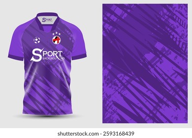 The main color of the football shirt is purple with a graphic pattern that makes it look dimensional and interesting. There are different stripes and lines that show movement and sports power.