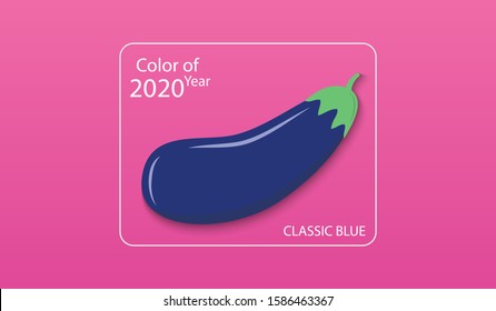 Main color of year 2020 Classic blue. Blue eggplant in a white square on a pink background. Swatch trend color for fashion industry. Vector illustration EPS 10