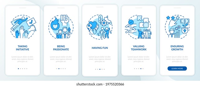 Main company core values onboarding mobile app page screen with concepts. Enthusiasm, passion walkthrough 5 steps graphic instructions. UI, UX, GUI vector template with linear color illustrations