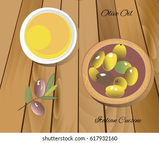 The main component of Italian cuisine is olive oil. Vector illustration.