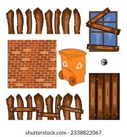 The main components of wooden and brick fences and related accessories. Collection of vector images