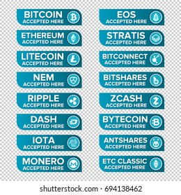 Main crypto currency types payment buttons set on transparent background