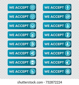 Main crypto currency types payment buttons set on transparent background
