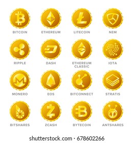 Main cryptocurrency coin signs vector set in flat style