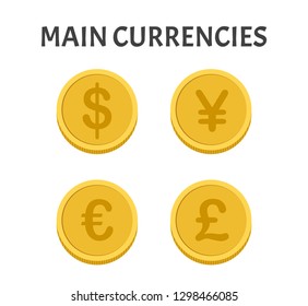 Main currencies coins symbols set isolated on white background