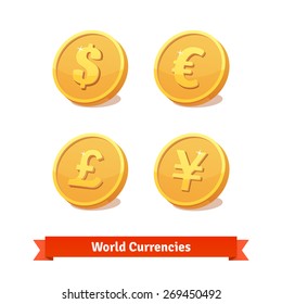 Main currencies symbols represented as shiny gold coins. Vector icons set.