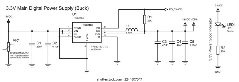 Main digital power supply (buck).
Schematic diagram of electronic device. 
Vector drawing electrical circuit with 
inductor, led indicator, varistor, capacitor, resistor,
ground and power symbols.
