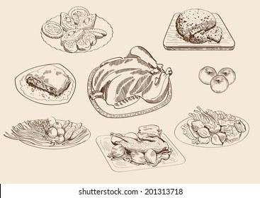 main dishes and ingredients. set of vector sketches