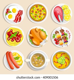 Main dishes set with traditional food dinner breakfast eggs chicken pizza pasta on the plate vector illustration 