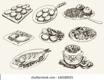 main dishes. set of vector sketches